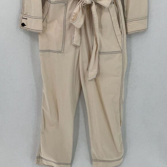 Zara Beige Cotton Linen Blend Boiler Suit Pockets Denim Utility Jumpsuit Small - Picture 3 of 14